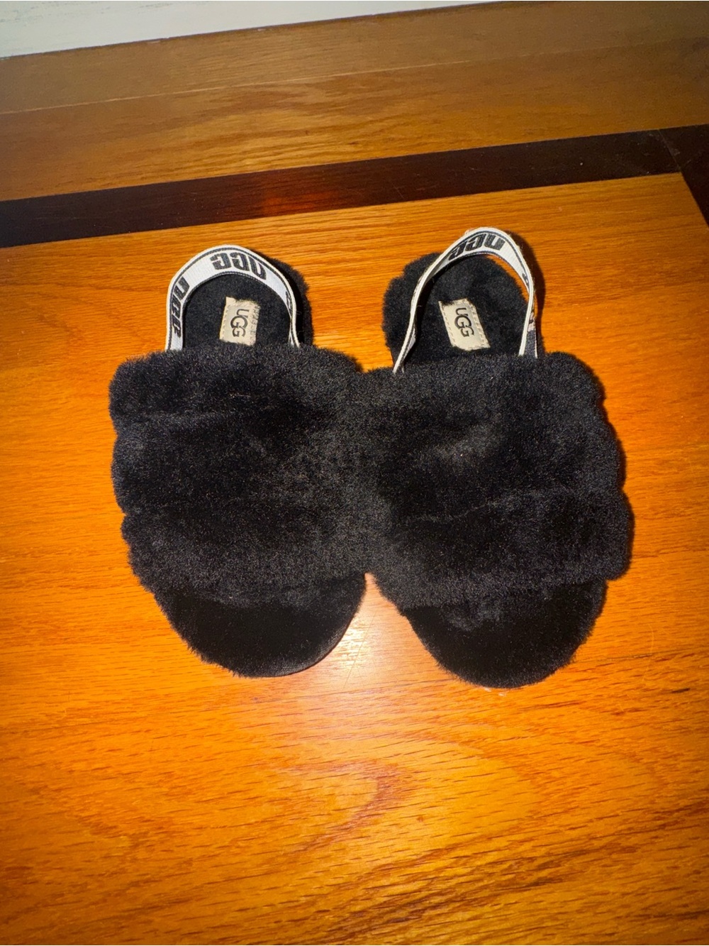 UGG Kids Black Fluff Slide with Branded Elastic Heel Strap